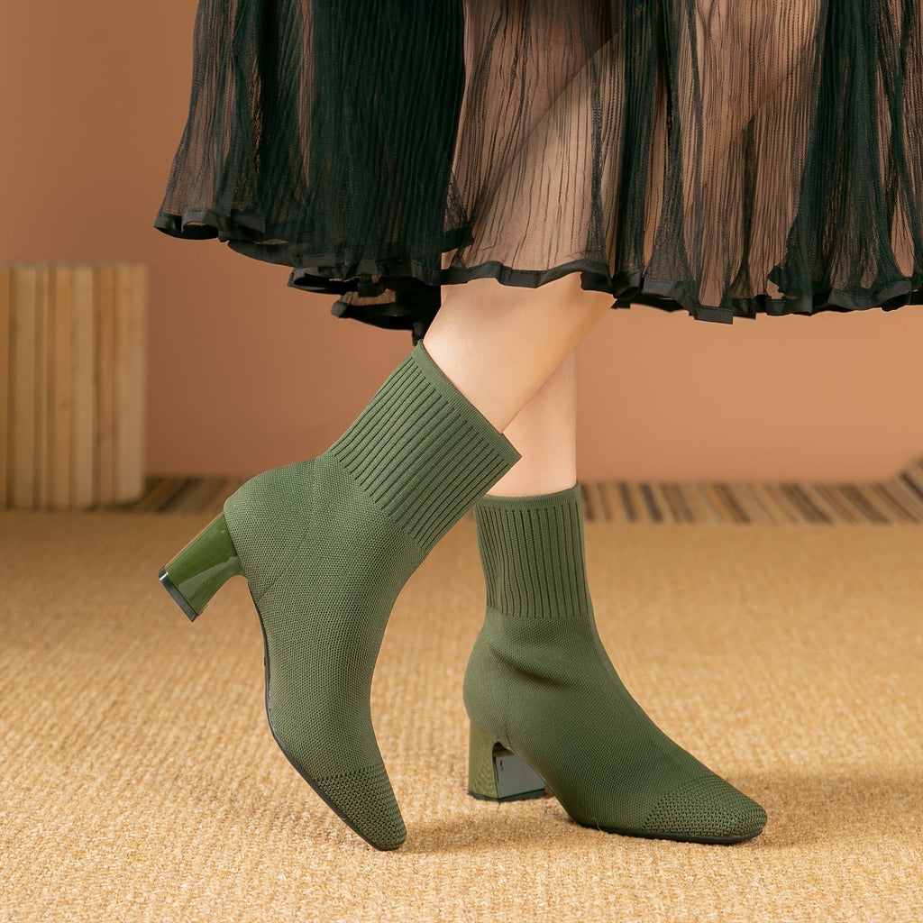 Women's Pointed Ribbed Knit Heeled Booties for Work and Evening