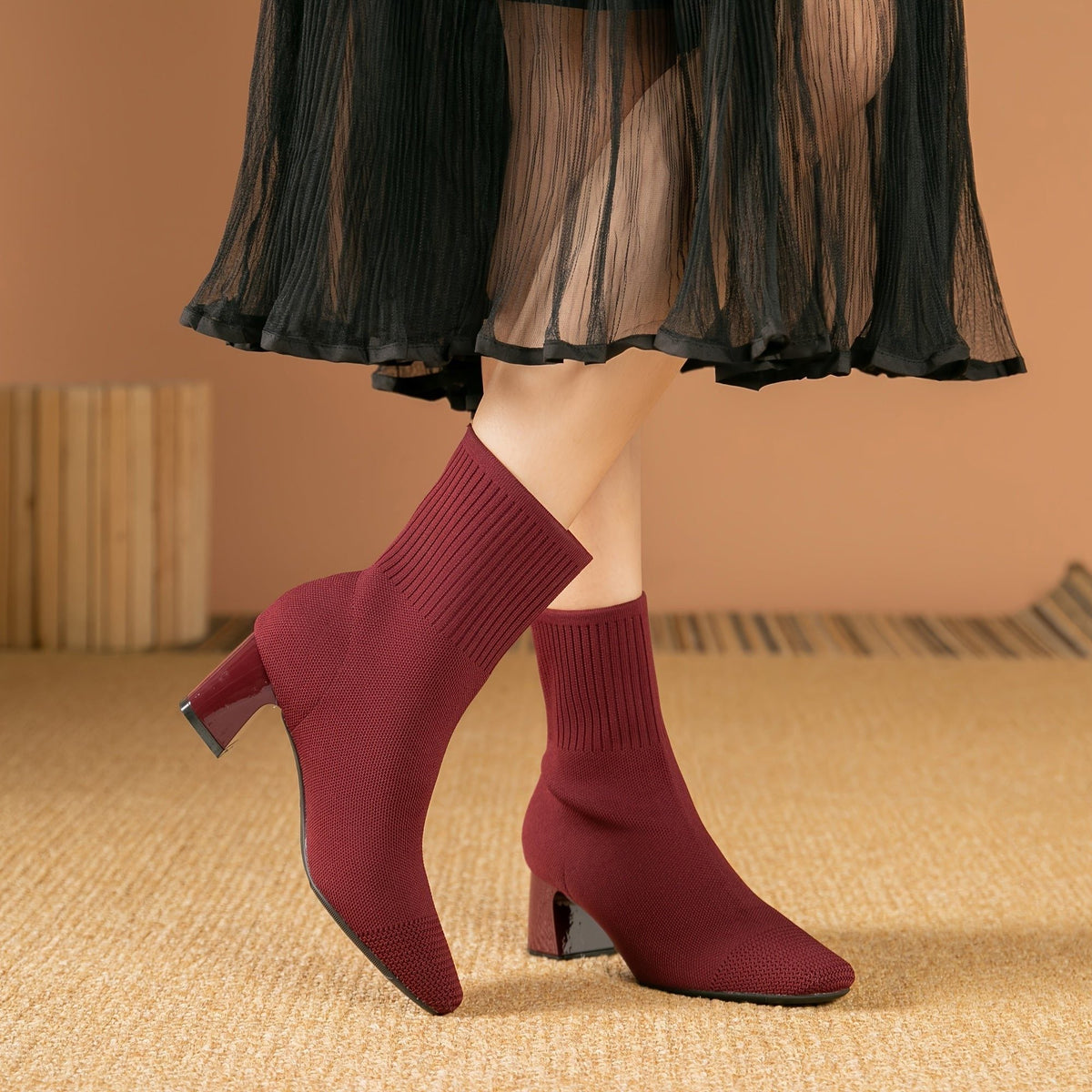 Women's Pointed Ribbed Knit Heeled Booties for Work and Evening