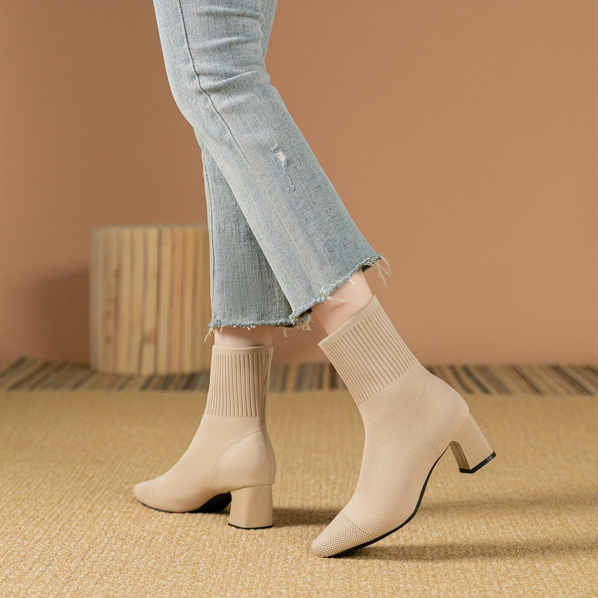 Women's Pointed Ribbed Knit Heeled Booties for Work and Evening