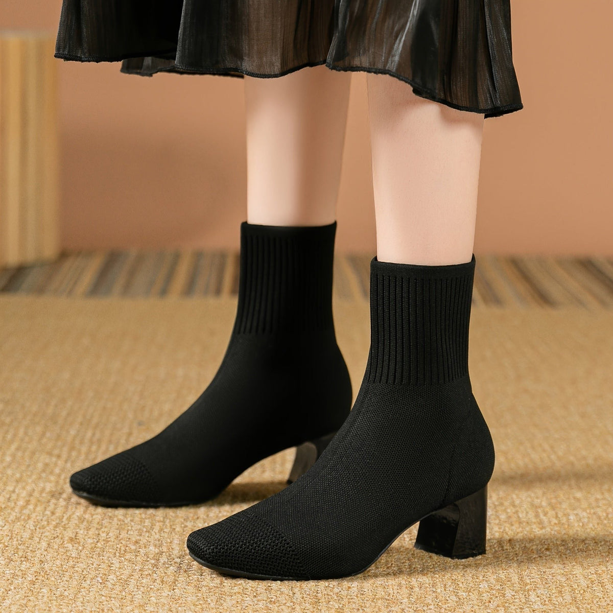 Women's Pointed Ribbed Knit Heeled Booties for Work and Evening