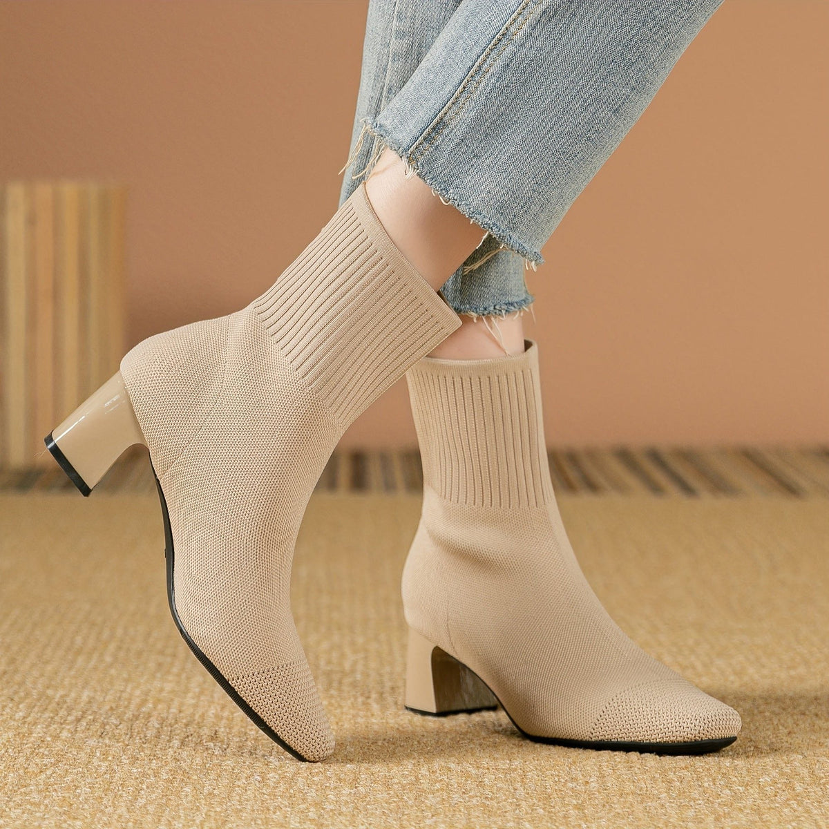 Women's Pointed Ribbed Knit Heeled Booties for Work and Evening