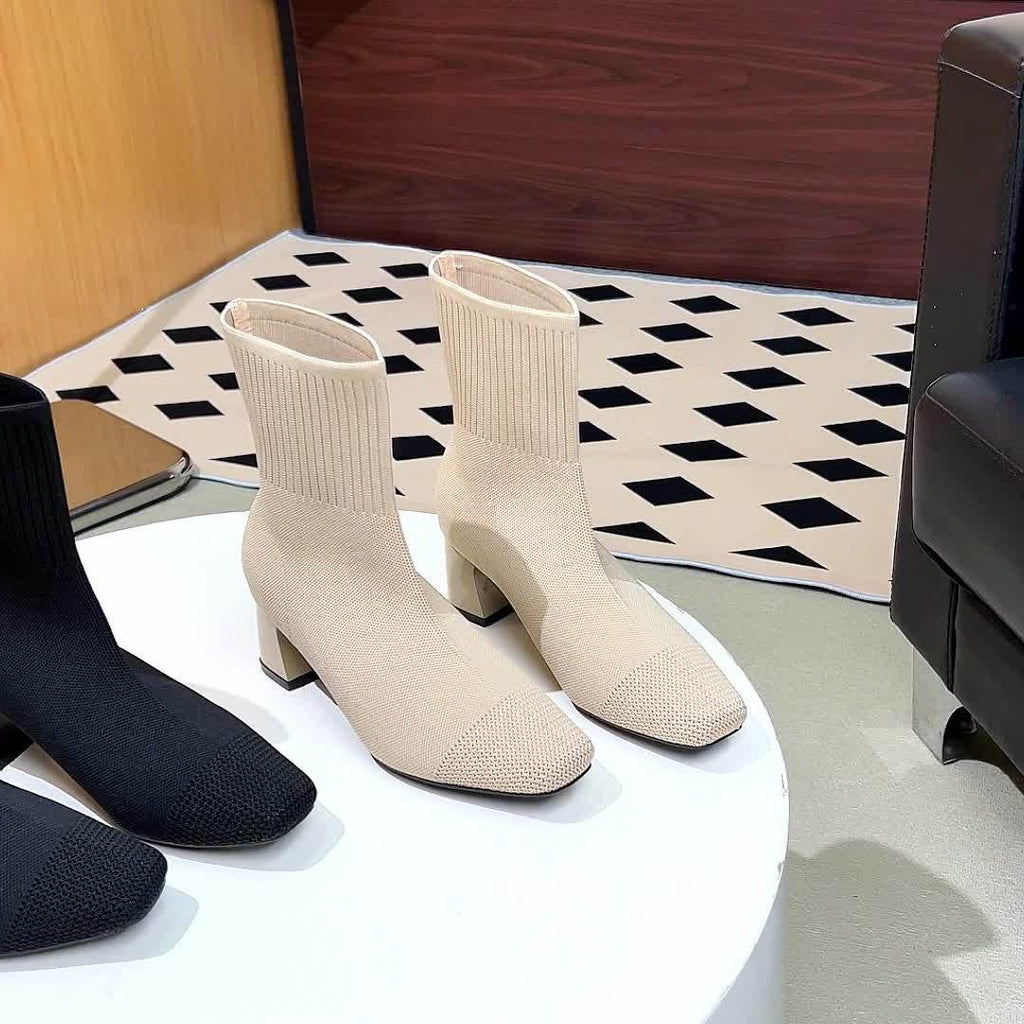 Women's Pointed Ribbed Knit Heeled Booties for Work and Evening