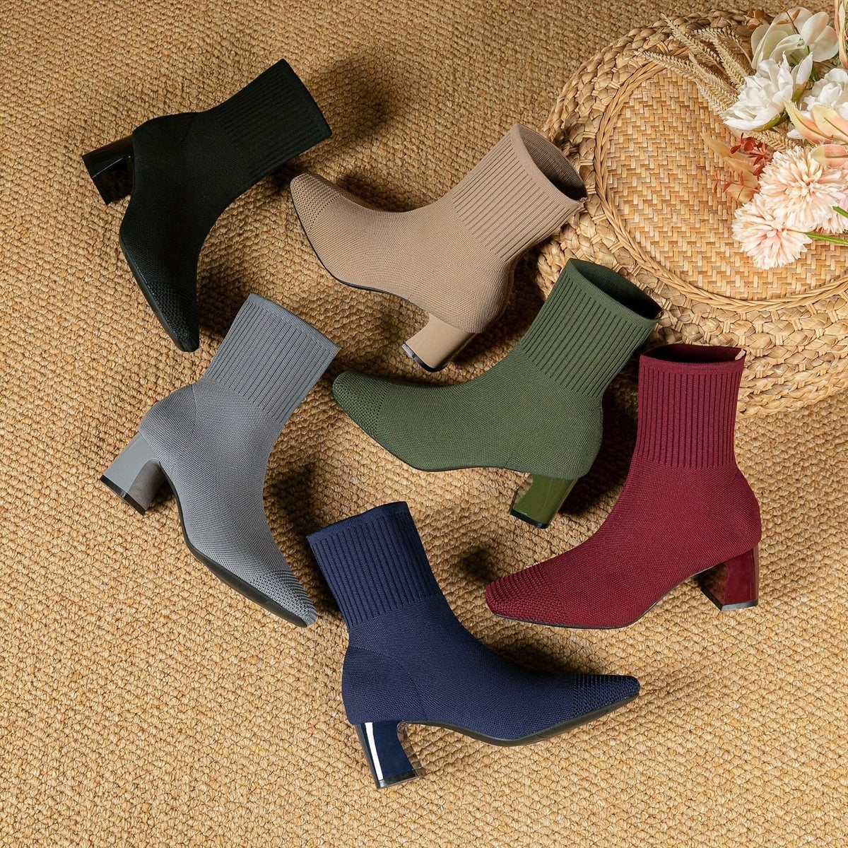 Women's Pointed Ribbed Knit Heeled Booties for Work and Evening