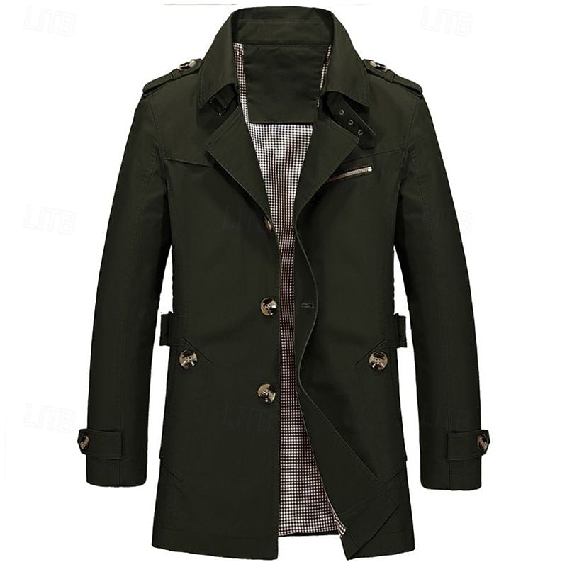 Men's Three-Season Trench Coat with Button Front and Lapel Collar