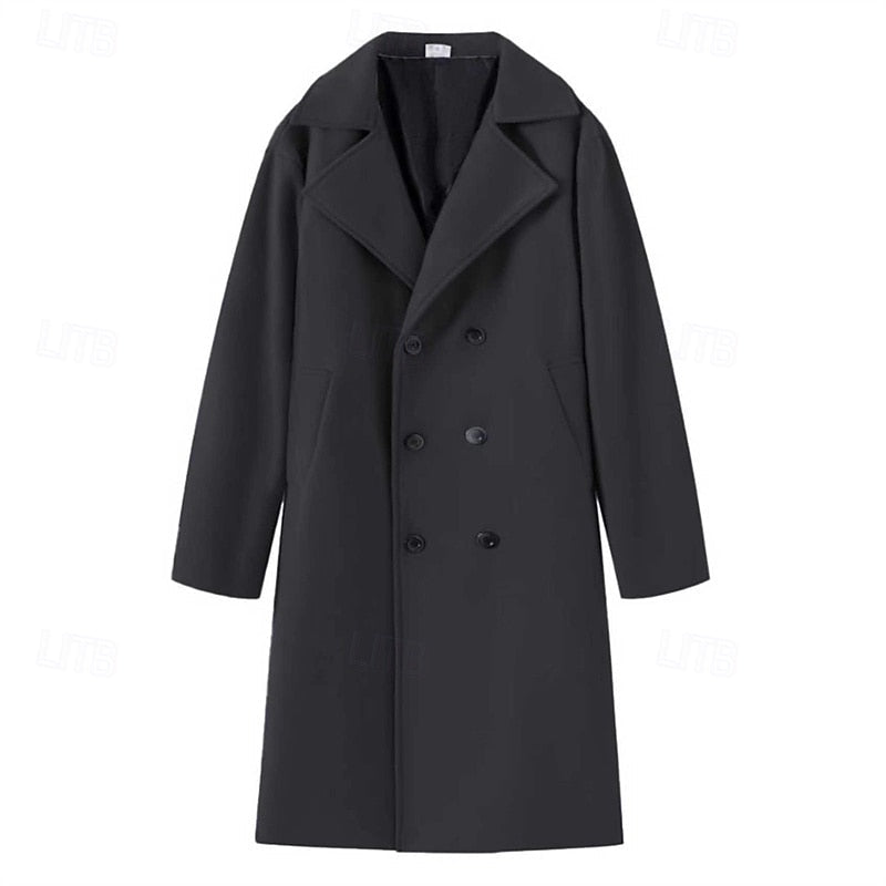 Men's Sharp-Lapel Tailored Overcoat with Double-Breasted Closure