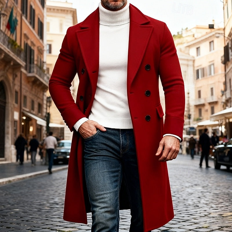Men's Longline Double-Breasted Topcoat with Generous Pockets