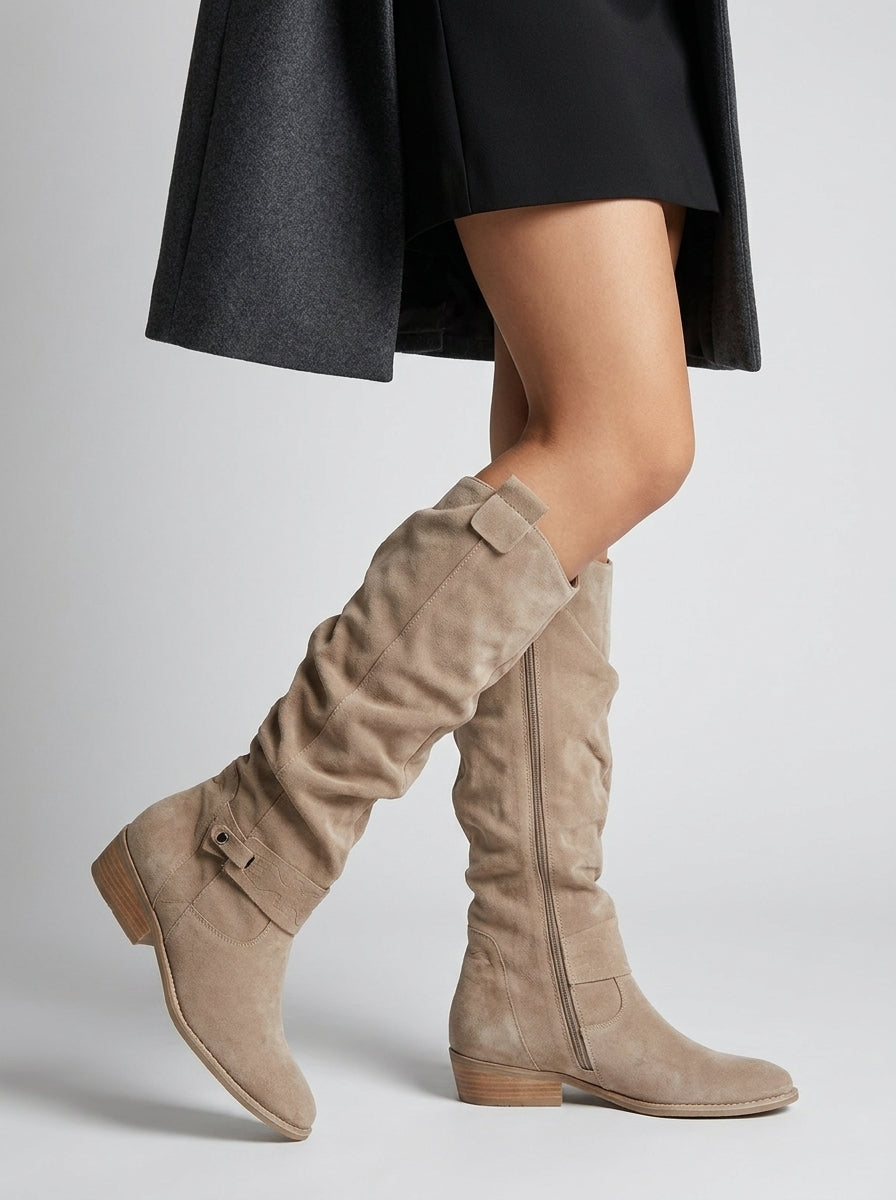 Women's Wood-Look Sole Suede Boots with Gathered Knee-High Shaft