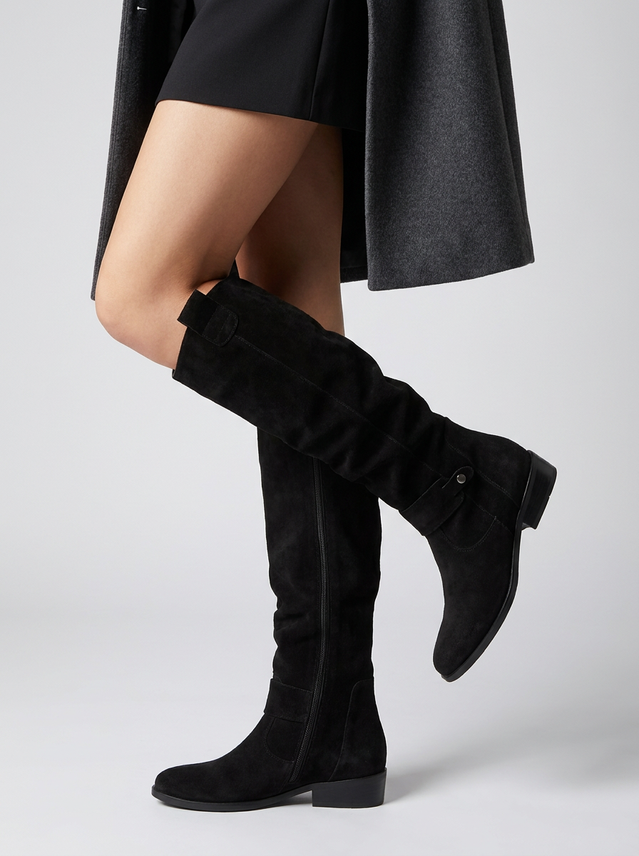Women's Wood-Look Sole Suede Boots with Gathered Knee-High Shaft