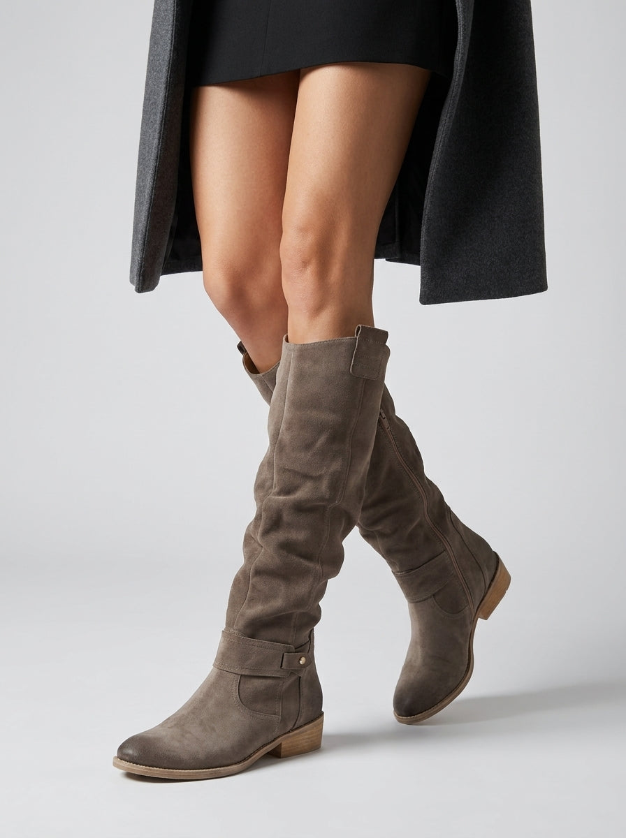 Women's Wood-Look Sole Suede Boots with Gathered Knee-High Shaft