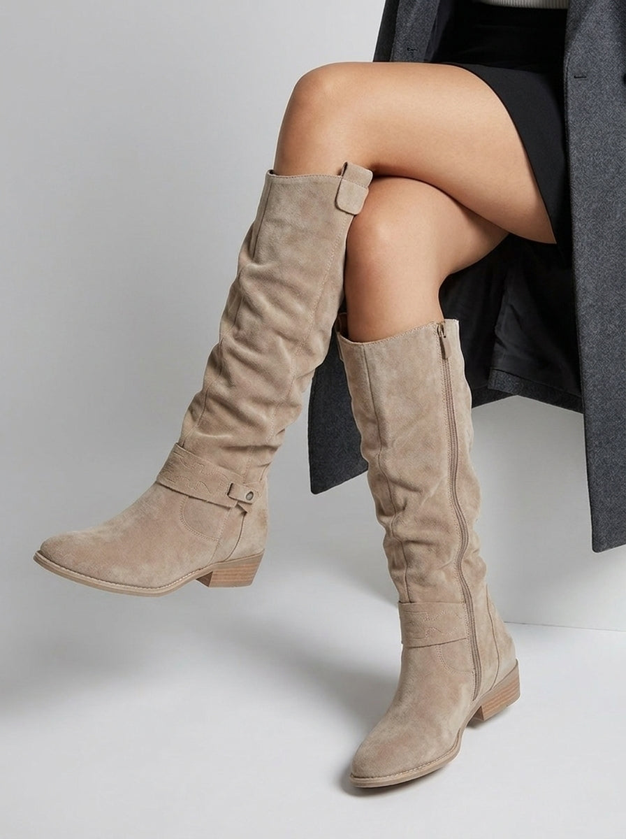 Women's Wood-Look Sole Suede Boots with Gathered Knee-High Shaft - Beige
