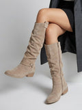 Women's Wood-Look Sole Suede Boots with Gathered Knee-High Shaft - Beige