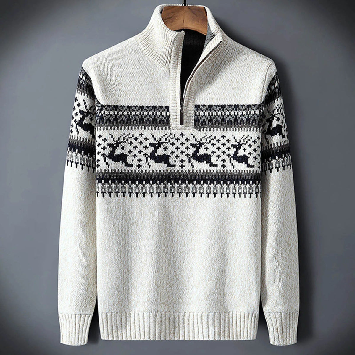 Men's Thick Printed Half-Zip Sweater for Winter Weekends - White