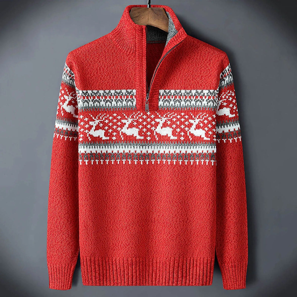 Men's Thick Printed Half-Zip Sweater for Winter Weekends - Red
