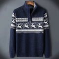 Men's Thick Printed Half-Zip Sweater for Winter Weekends - Navy Blue