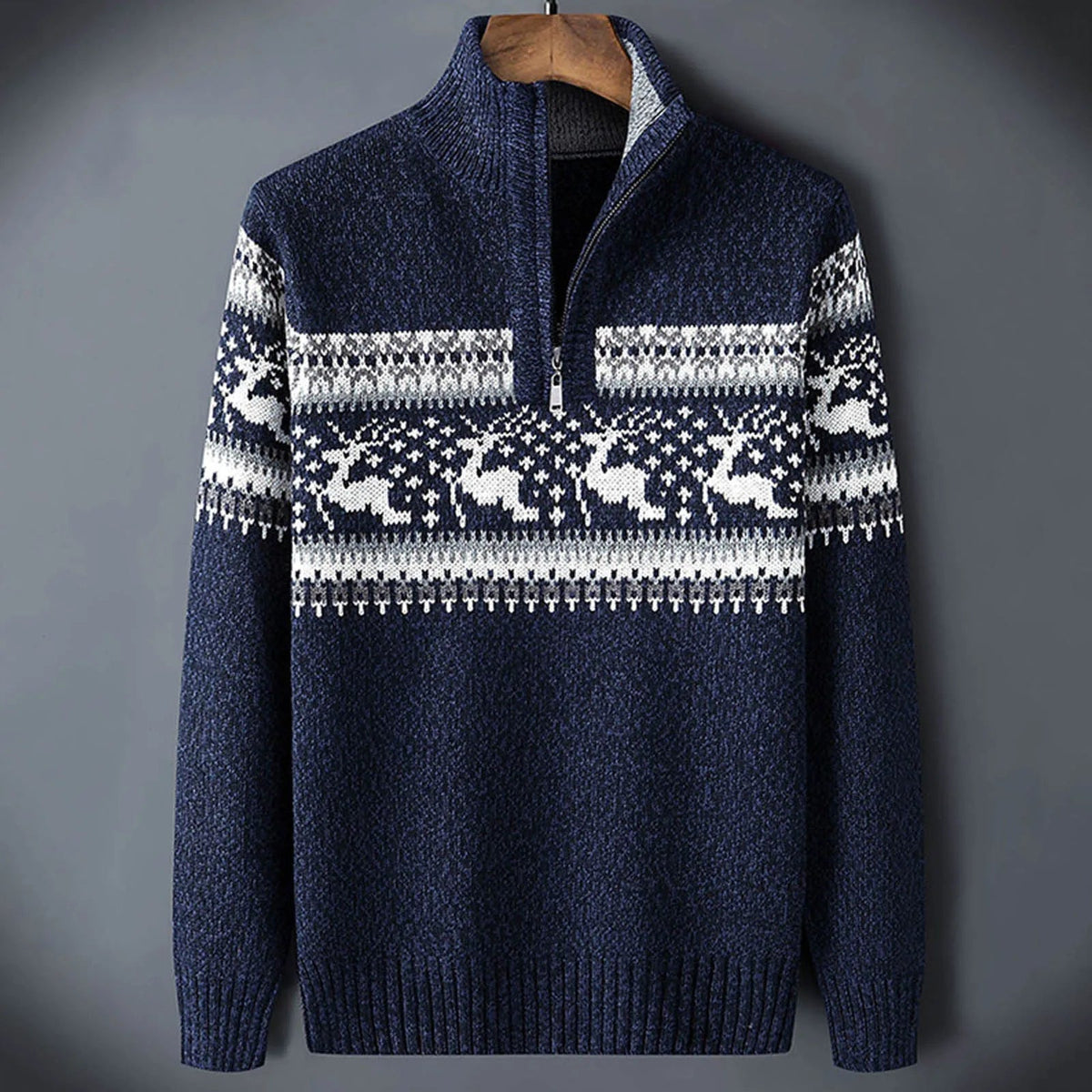 Men's Thick Printed Half-Zip Sweater for Winter Weekends - Navy Blue
