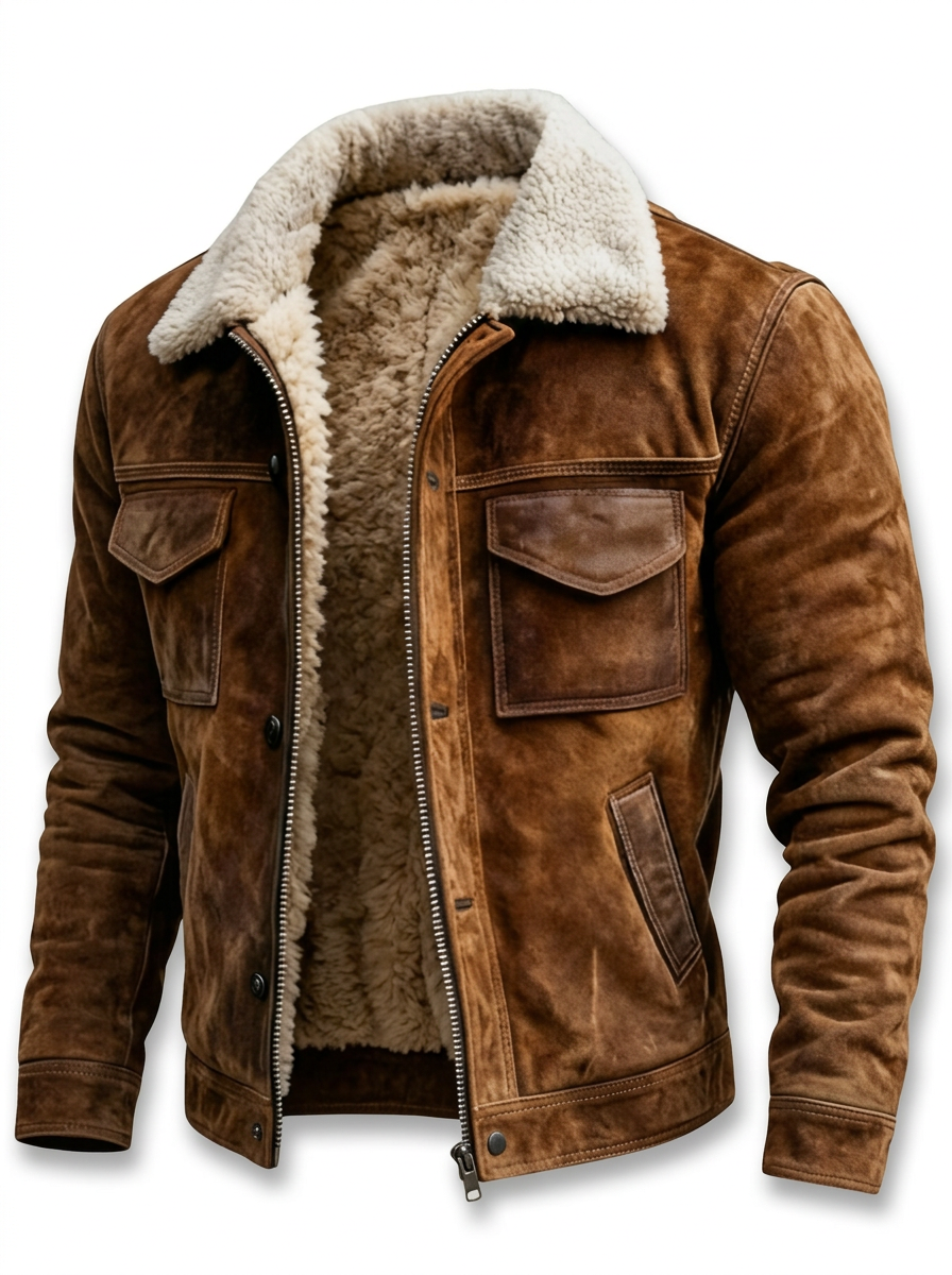 Men's Vintage Faux Leather Aviator with Sherpa Collar and Four Pockets