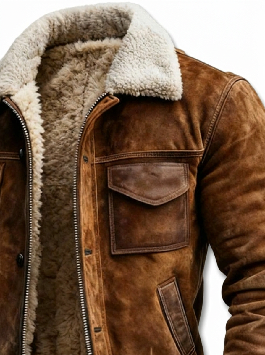 Men's Vintage Faux Leather Aviator with Sherpa Collar and Four Pockets