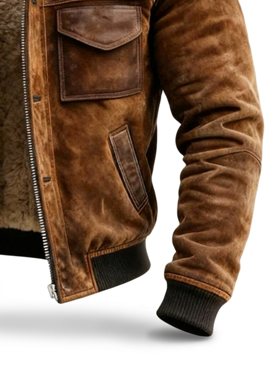 Men's Vintage Faux Leather Aviator with Sherpa Collar and Four Pockets