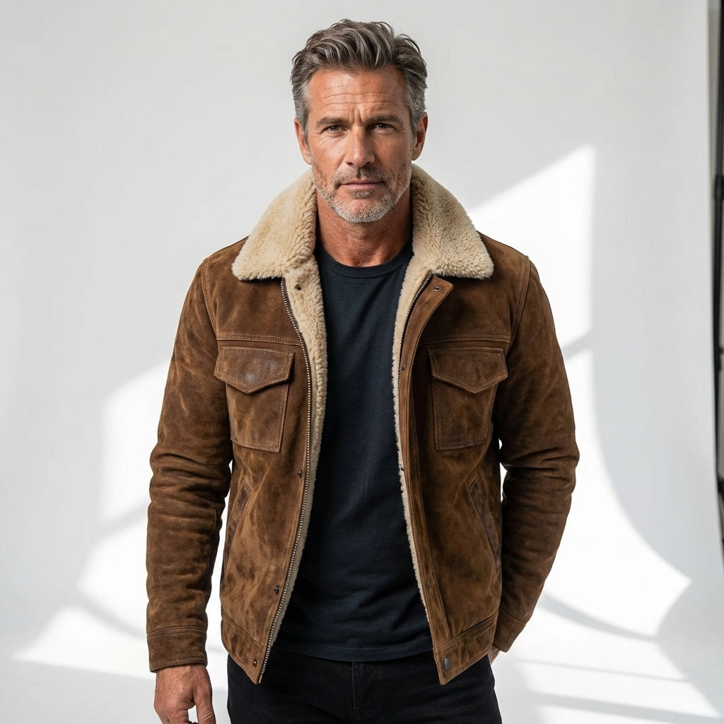 Men's Vintage Faux Leather Aviator with Sherpa Collar and Four Pockets
