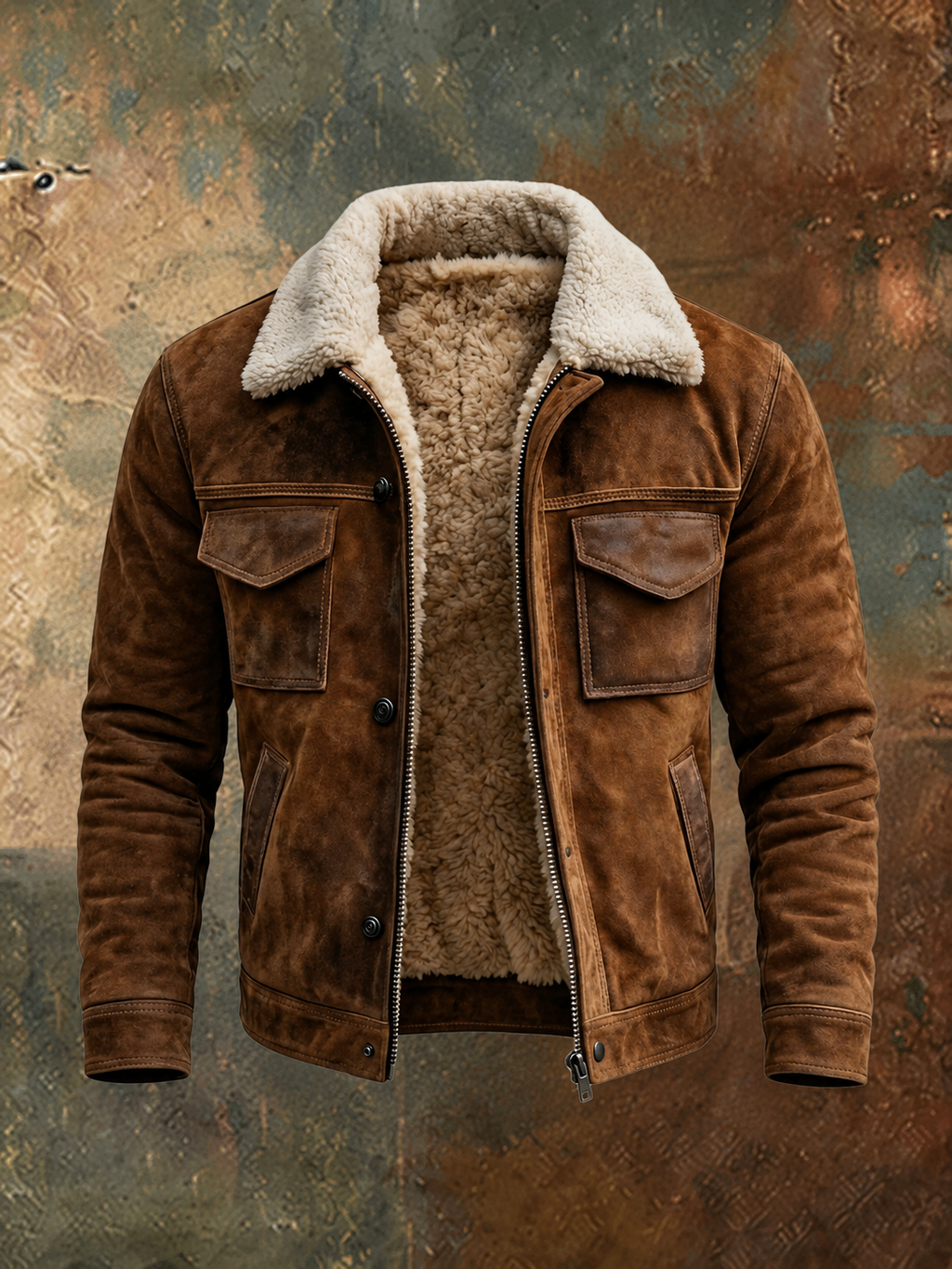 Men's Vintage Faux Leather Aviator with Sherpa Collar and Four Pockets - Brown