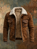 Men's Vintage Faux Leather Aviator with Sherpa Collar and Four Pockets - Brown