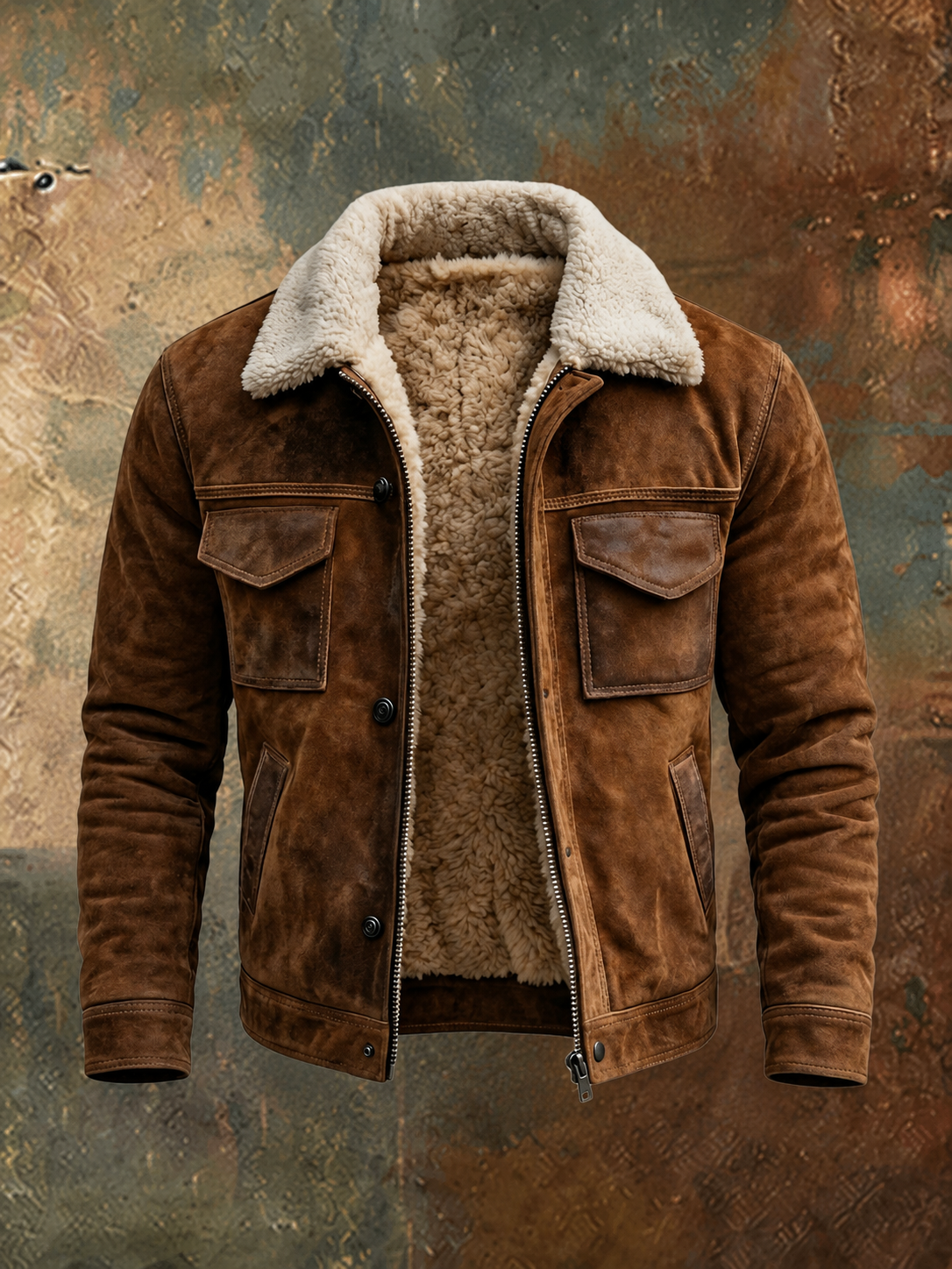 Men's Vintage Faux Leather Aviator with Sherpa Collar and Four Pockets - Brown