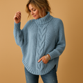 Women's Folded-Collar Raglan Longline Sweater with Deep Cuffs - Light Blue