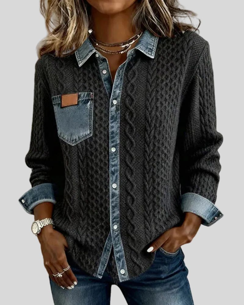 Women's Button-Front Cable-Knit Cardigan with Denim Collar - Black