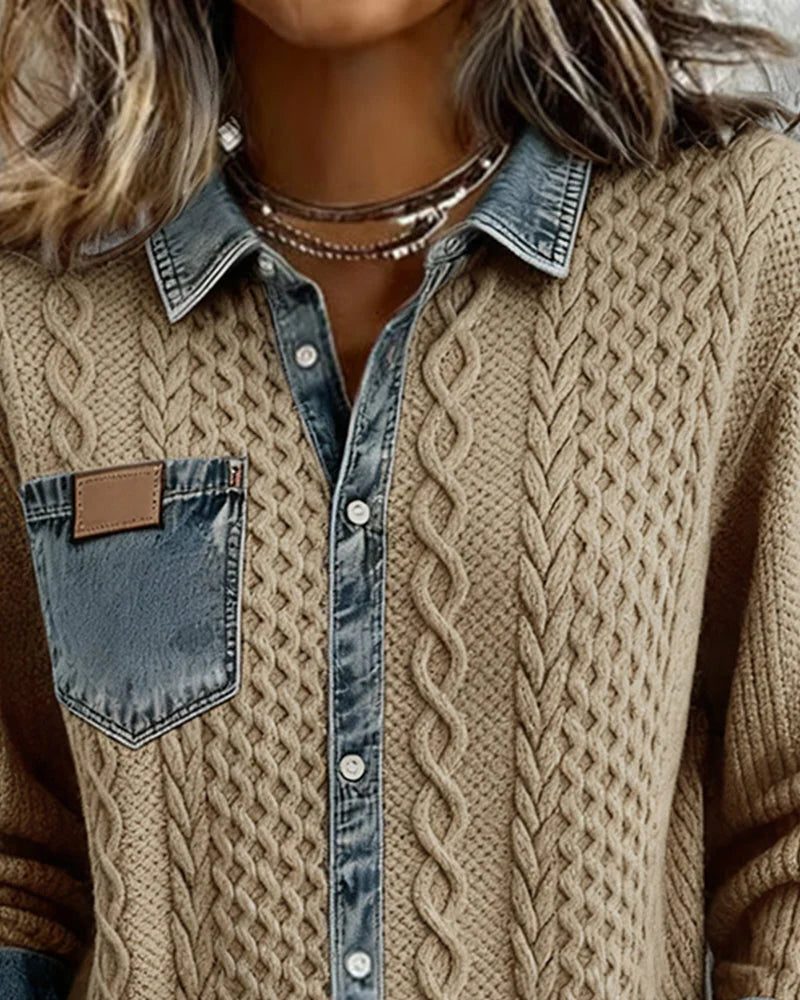 Women's Button-Front Cable-Knit Cardigan with Denim Collar