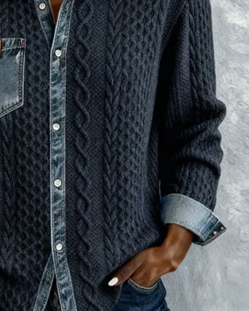 Women's Button-Front Cable-Knit Cardigan with Denim Collar