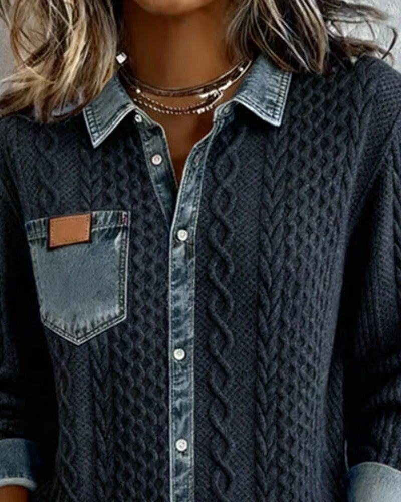 Women's Button-Front Cable-Knit Cardigan with Denim Collar