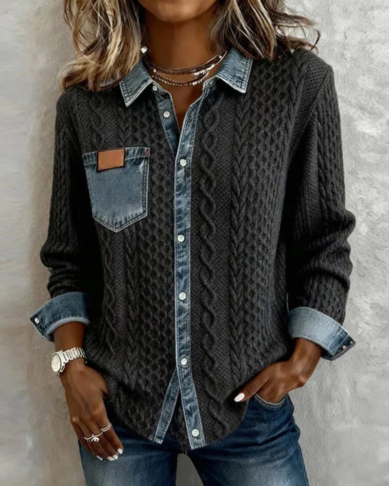 Women's Button-Front Cable-Knit Cardigan with Denim Collar