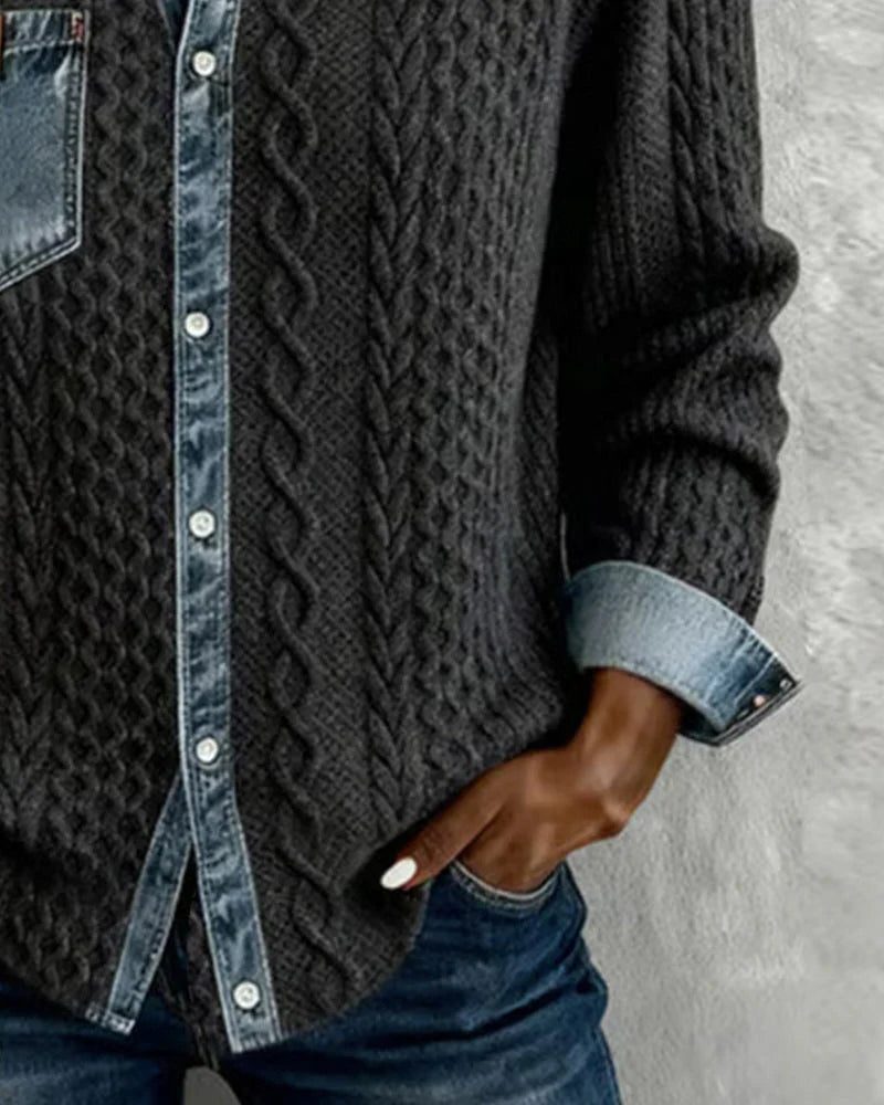 Women's Button-Front Cable-Knit Cardigan with Denim Collar