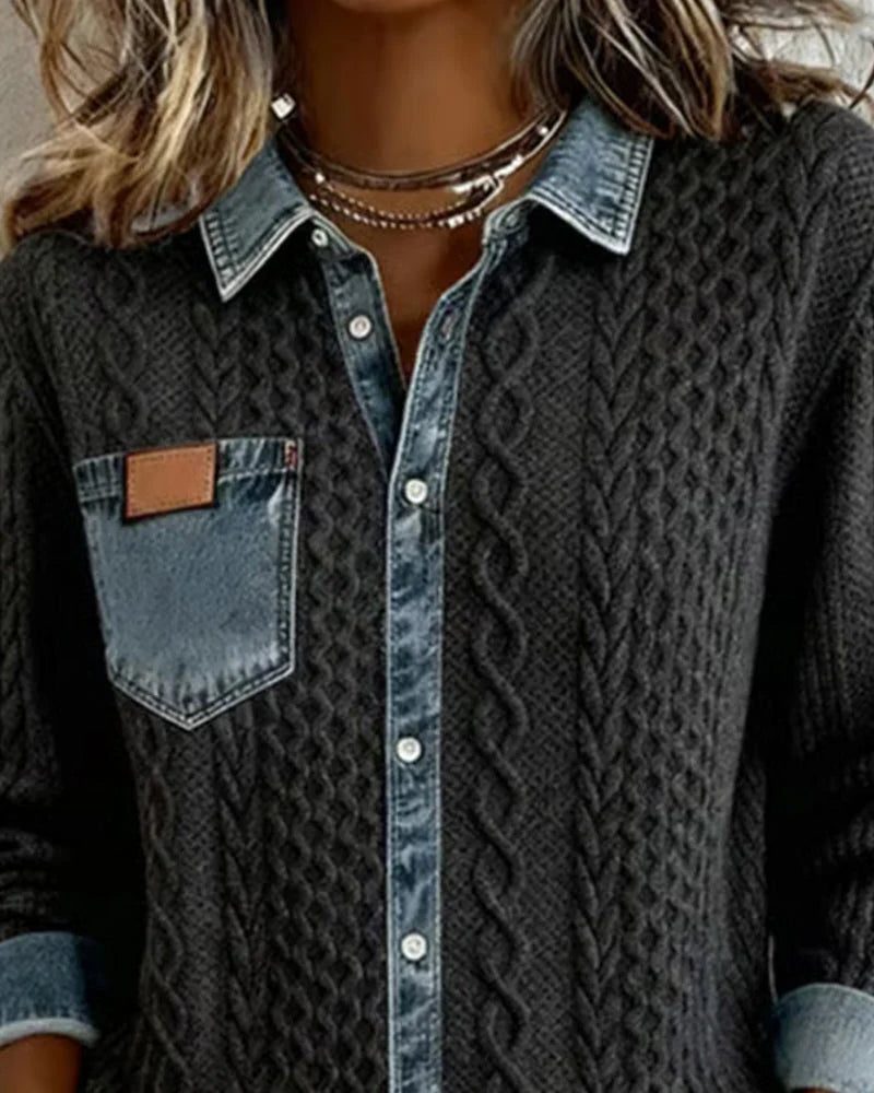 Women's Button-Front Cable-Knit Cardigan with Denim Collar