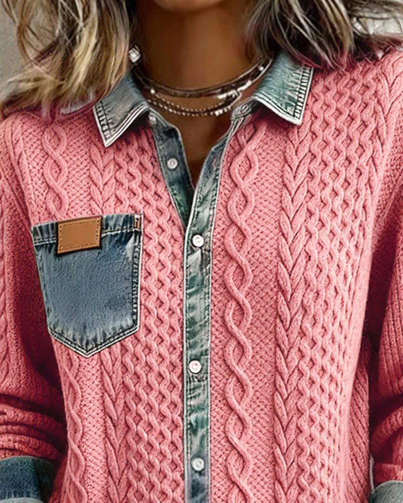 Women's Button-Front Cable-Knit Cardigan with Denim Collar