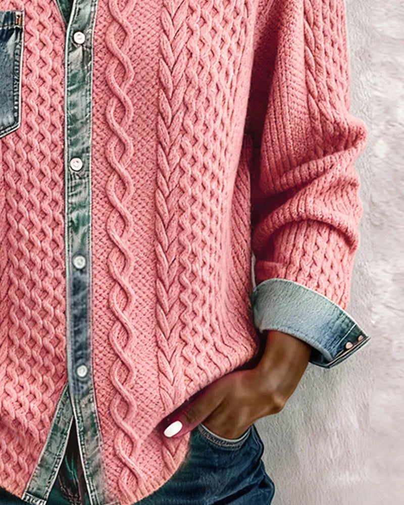 Women's Button-Front Cable-Knit Cardigan with Denim Collar