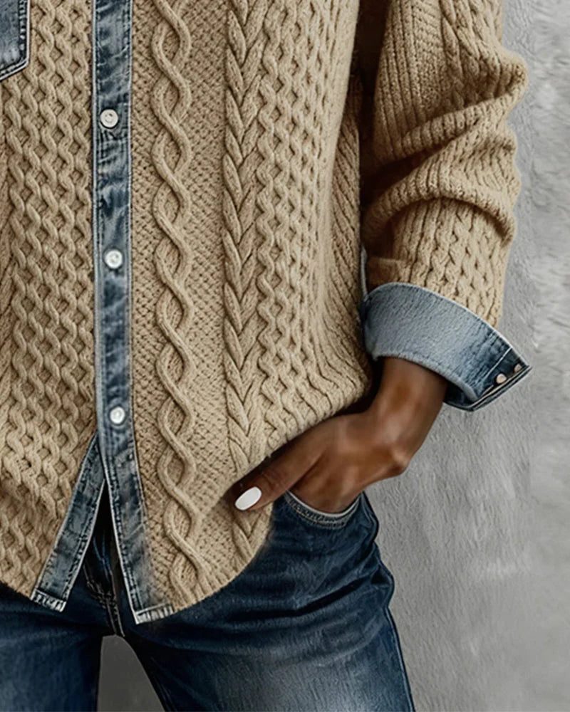 Women's Button-Front Cable-Knit Cardigan with Denim Collar