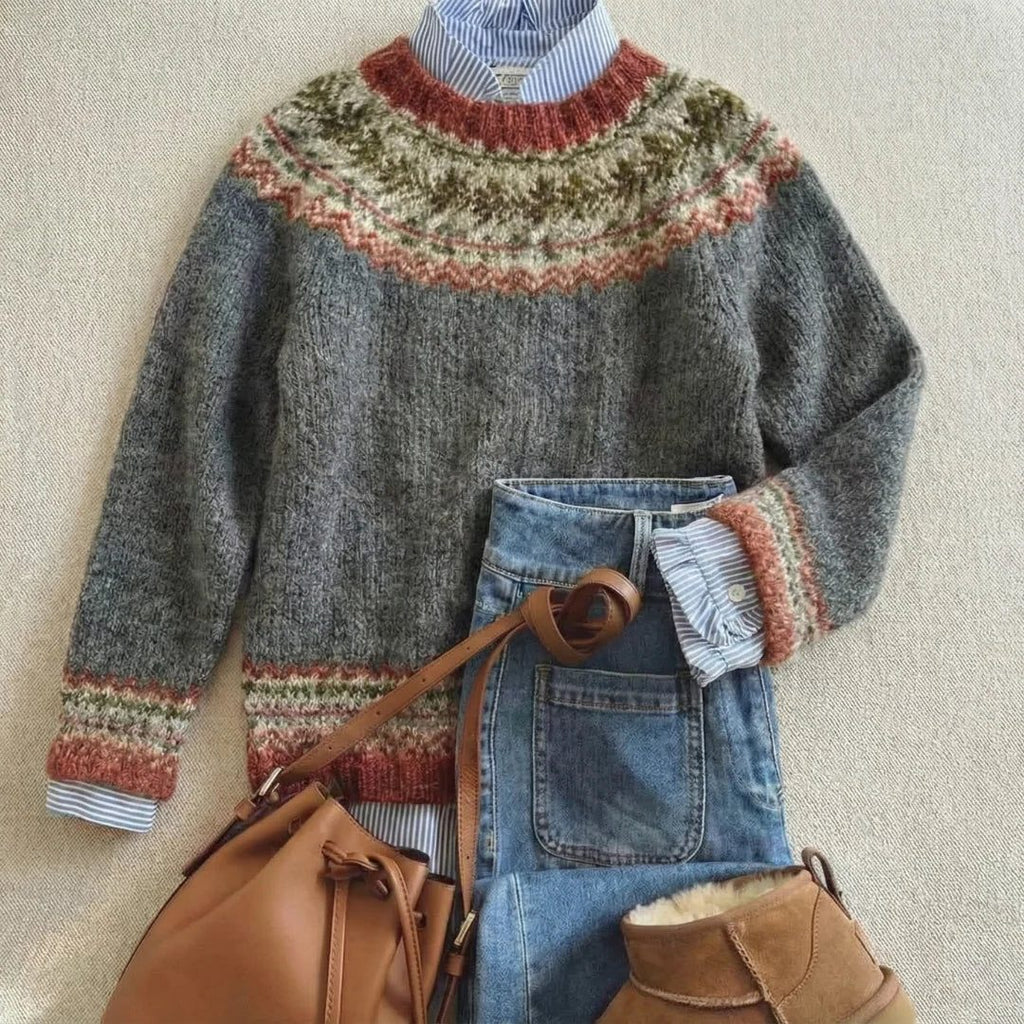 Women's Fair Isle Crew Neck Sweater in a Relaxed Fit - Stone Gray Mix