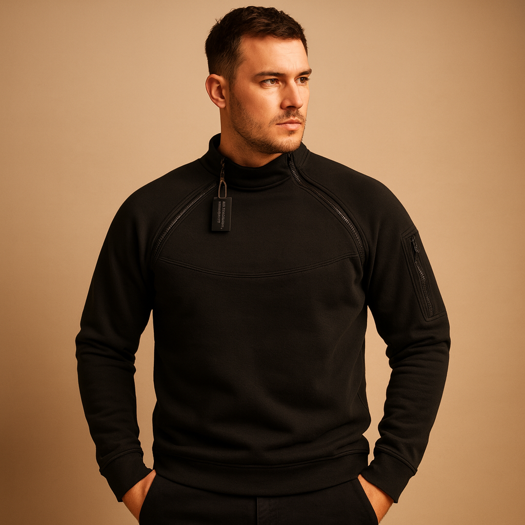 Men's Structured High-Neck Sweater with Zipped Arm Pocket - Black