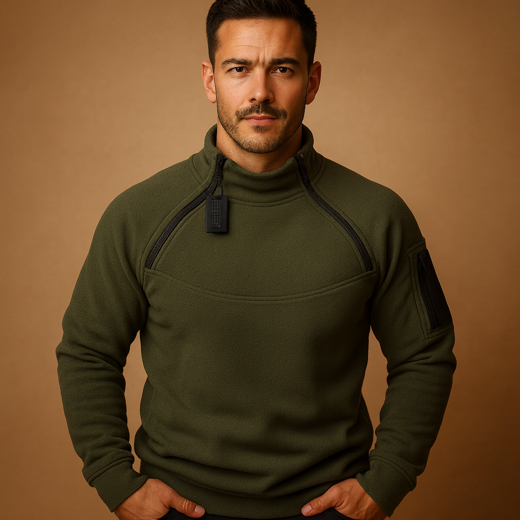 Men's Structured High-Neck Sweater with Zipped Arm Pocket - Dark Green