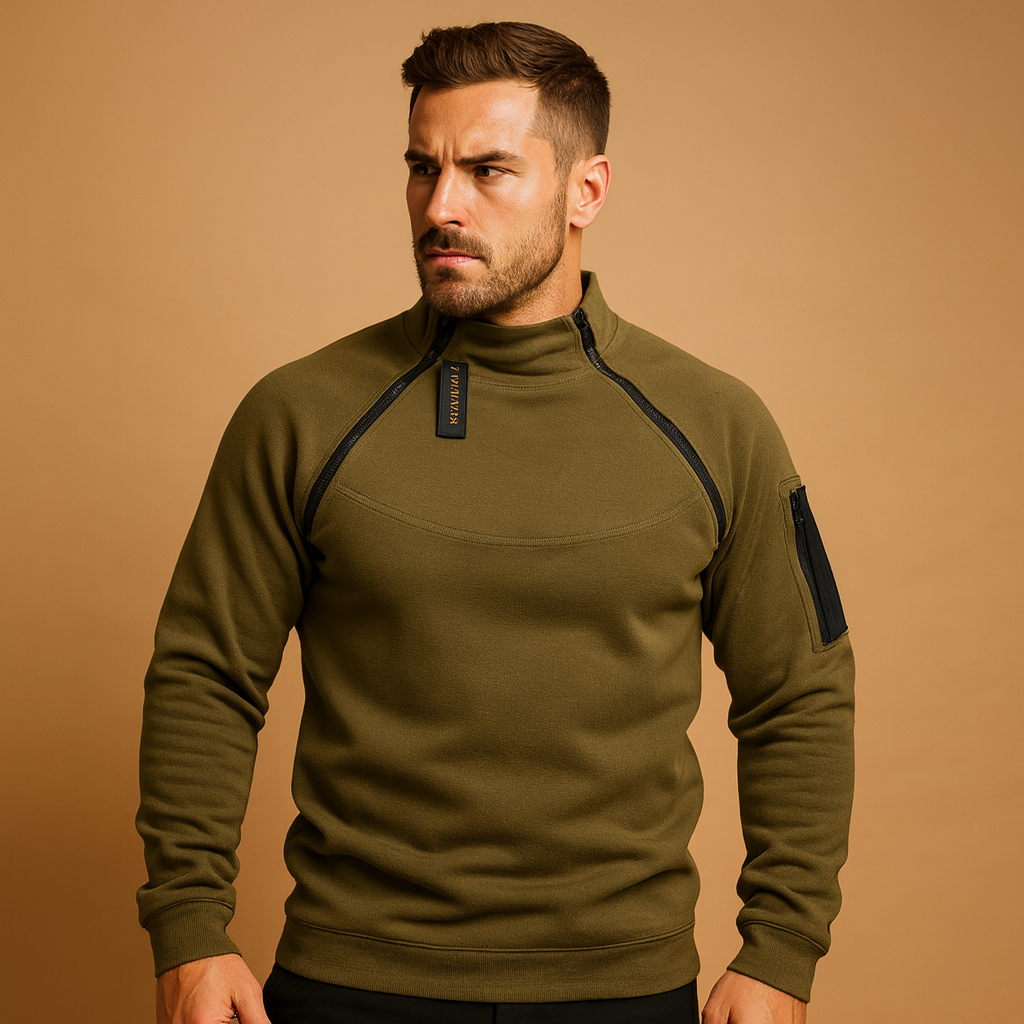 Men's Structured High-Neck Sweater with Zipped Arm Pocket - Olive Green