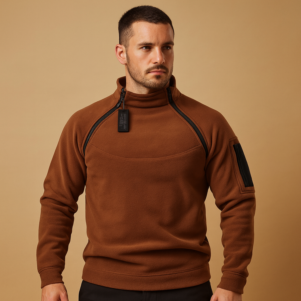 Men's Structured High-Neck Sweater with Zipped Arm Pocket - Brown