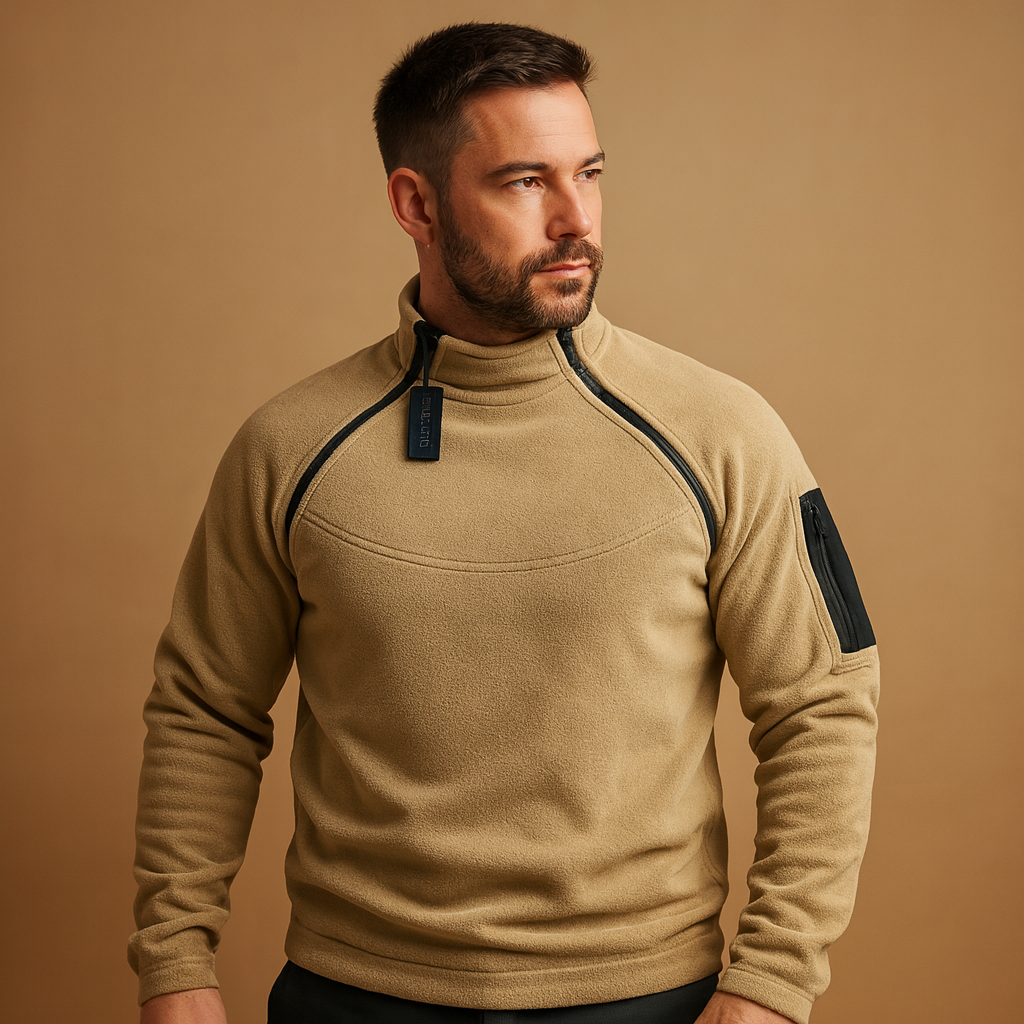 Men's Structured High-Neck Sweater with Zipped Arm Pocket - Khaki