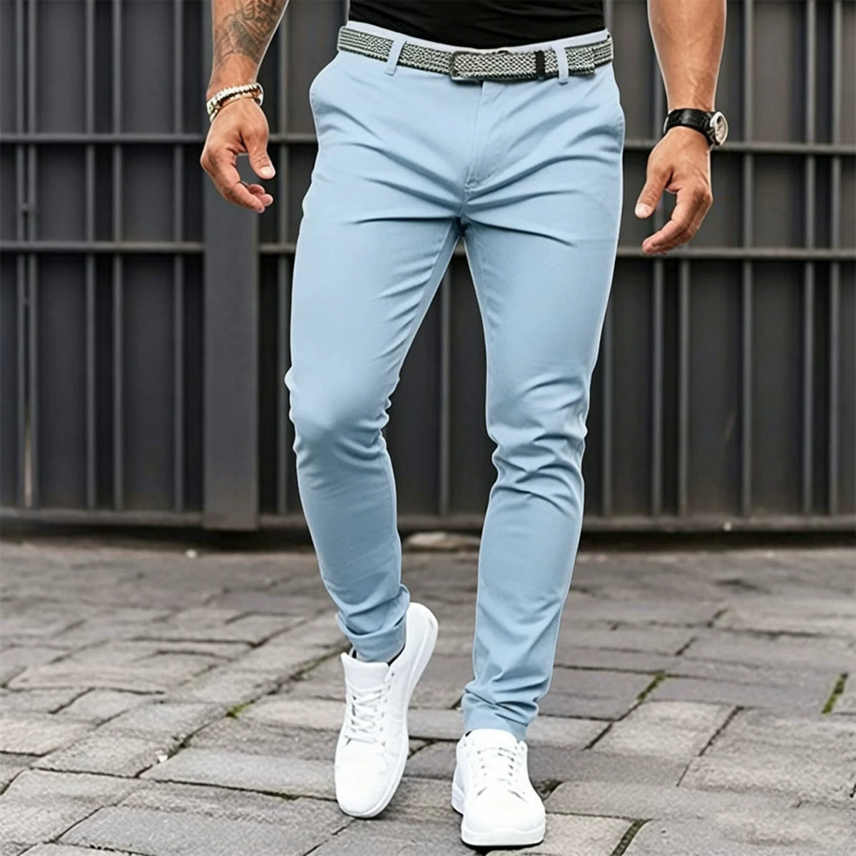 Men's Slim Jogger-Cut Stretch Pants with Ankle Cuffs - Light Blue