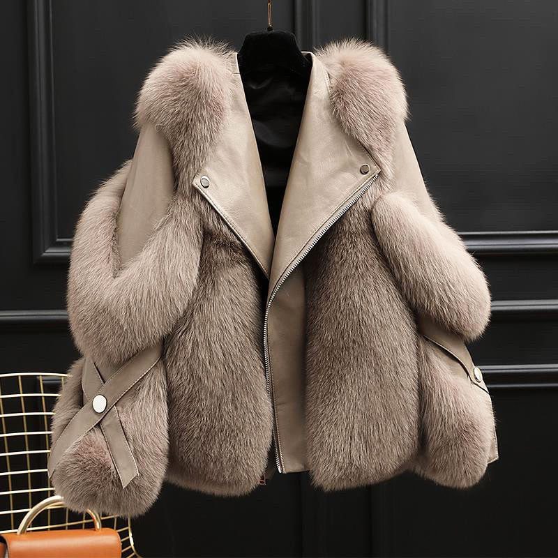 Women's Boxy Zip-Front Leather Jacket with Faux Fur Trim Panels - Light Brown