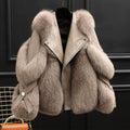 Women's Boxy Zip-Front Leather Jacket with Faux Fur Trim Panels - Light Brown
