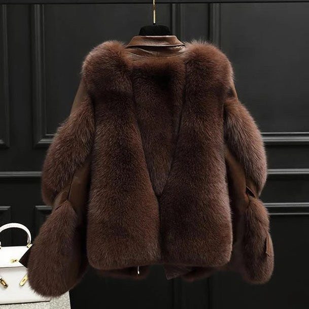 Women's Boxy Zip-Front Leather Jacket with Faux Fur Trim Panels