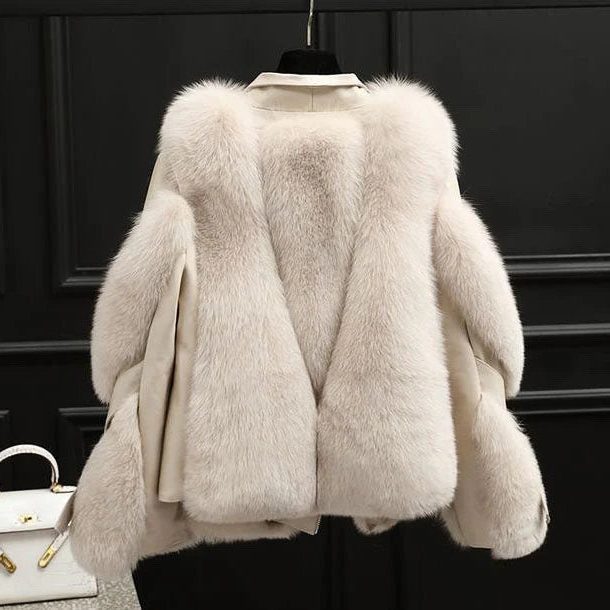 Women's Boxy Zip-Front Leather Jacket with Faux Fur Trim Panels