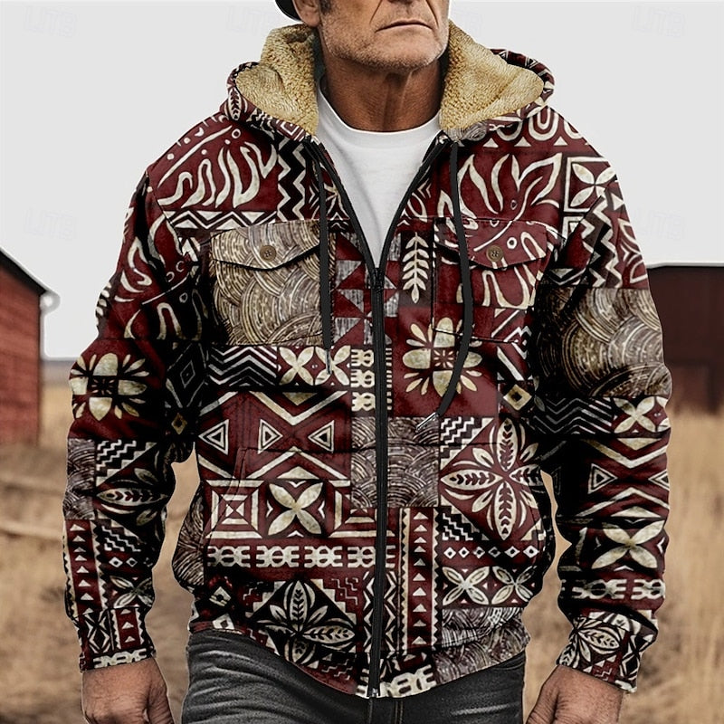Men's Heritage Print Hooded Jacket with Lined Body and Full Zip - Burgundy