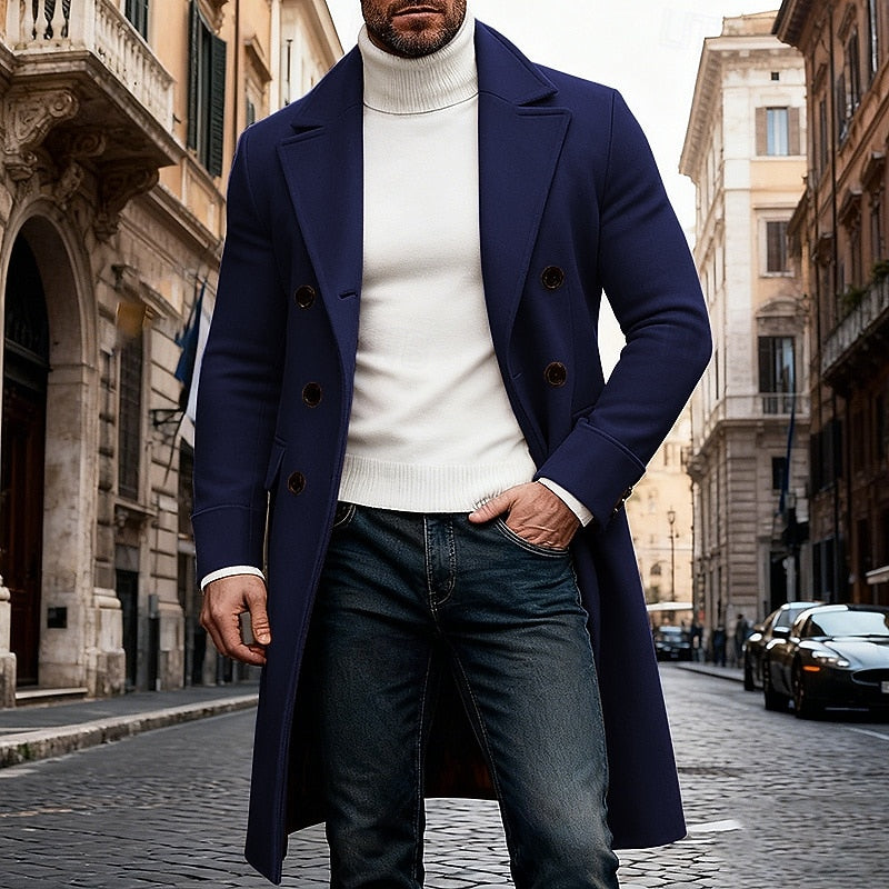 Men's Longline Double-Breasted Topcoat with Generous Pockets